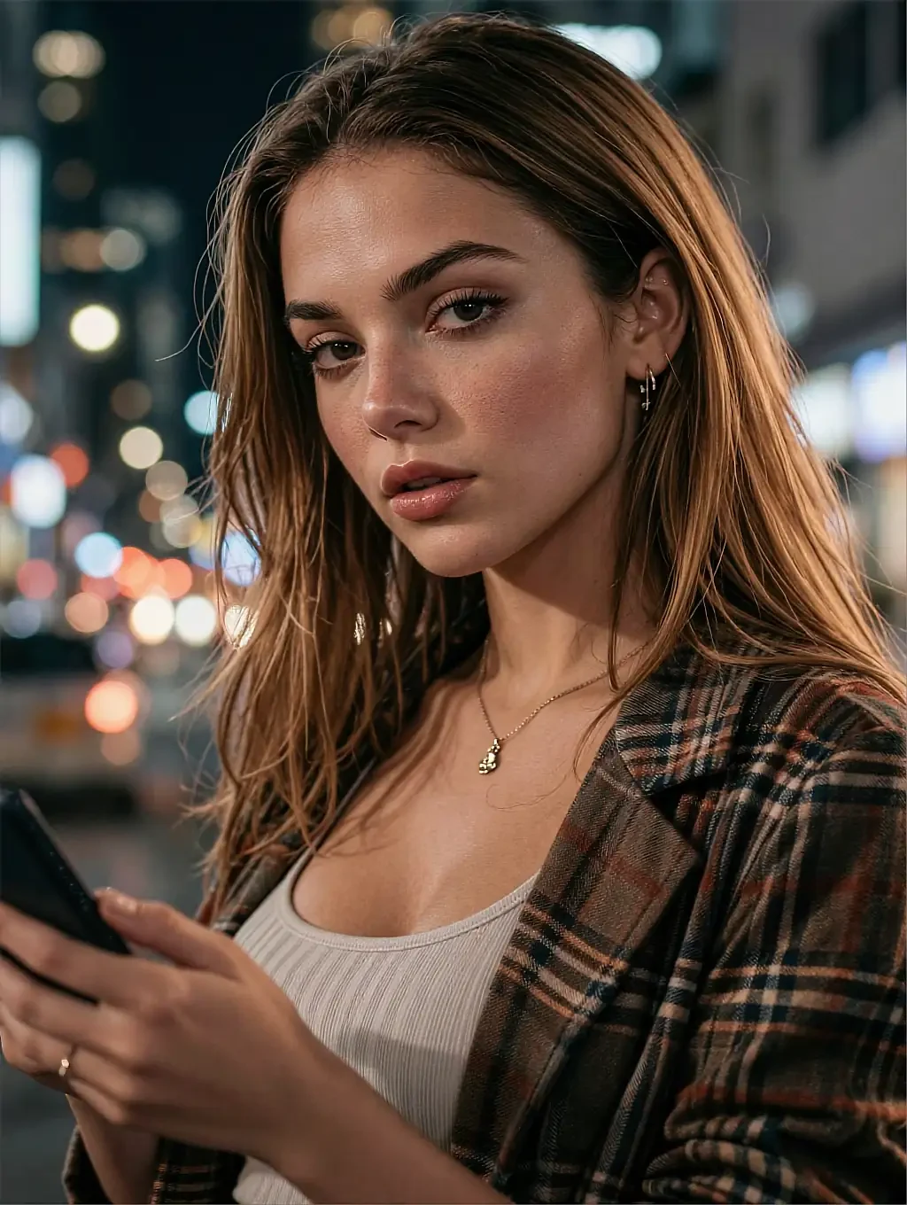 Fictional AI character in a hoodie lit by a monitor at night